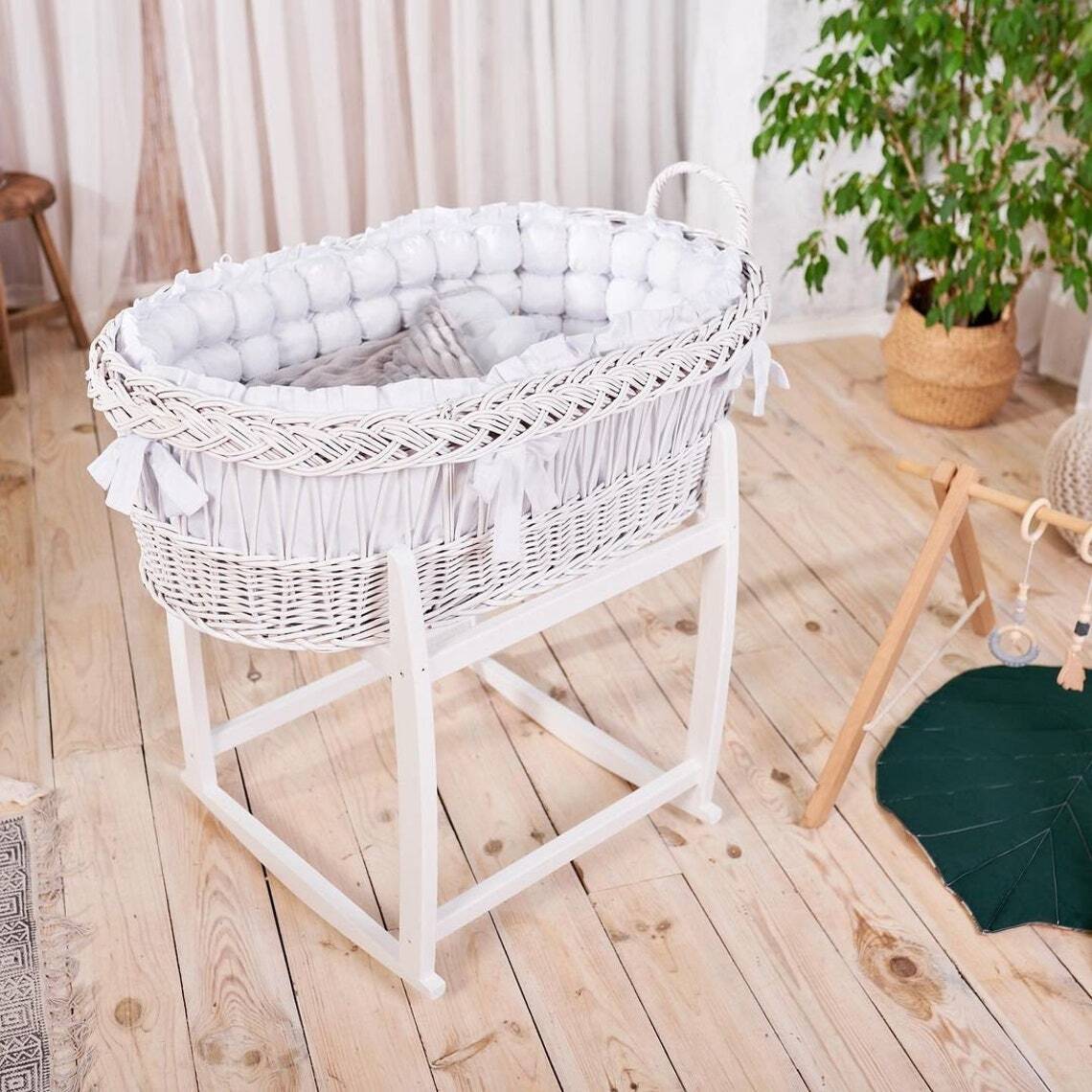 Wicker Bassinet with Bumpers and Rocker Stand