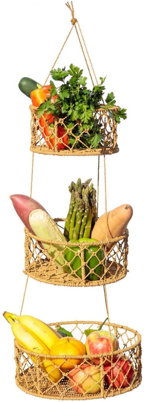 Wicker seagrass hanging fruit basket 