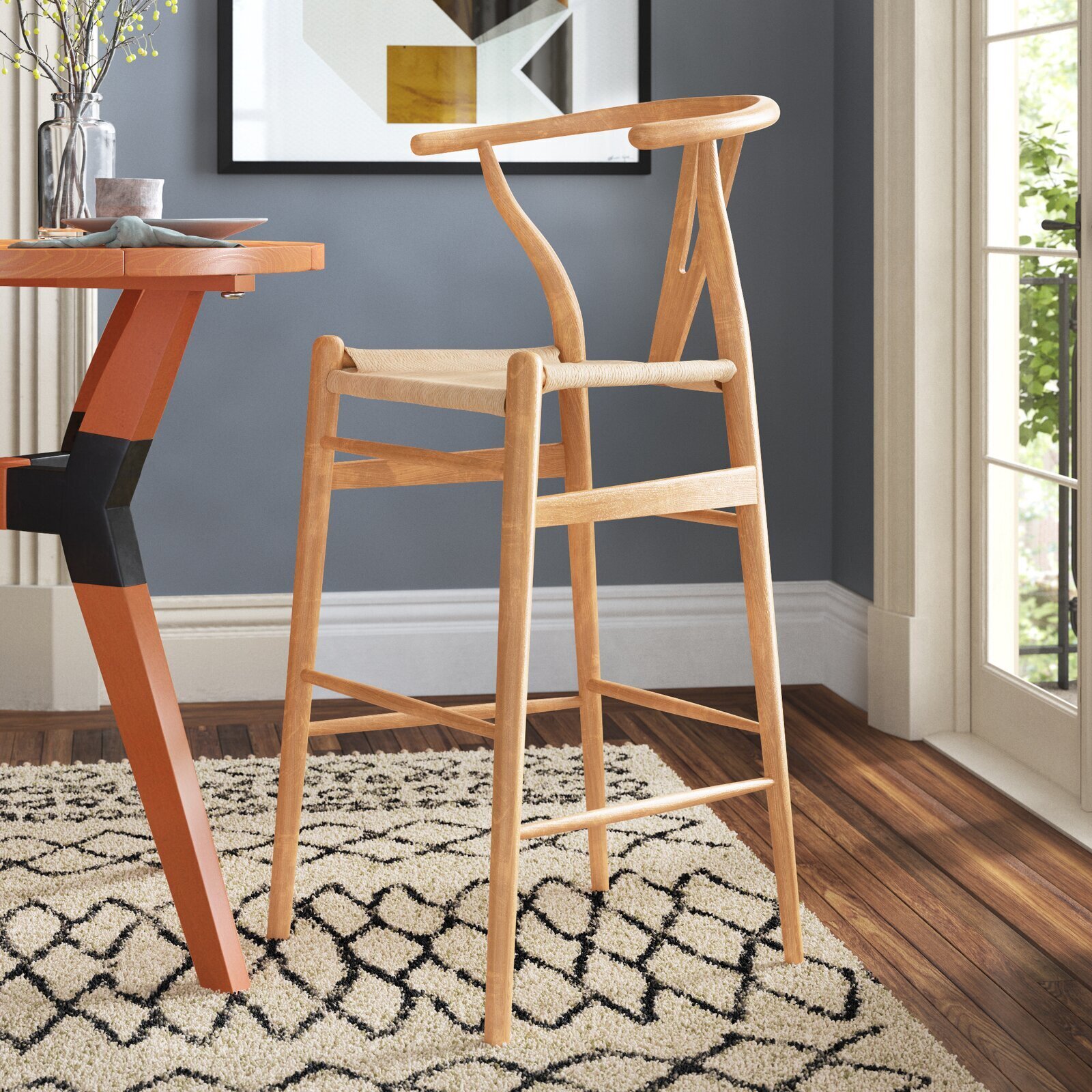 Wishbone wooden bar stool with back