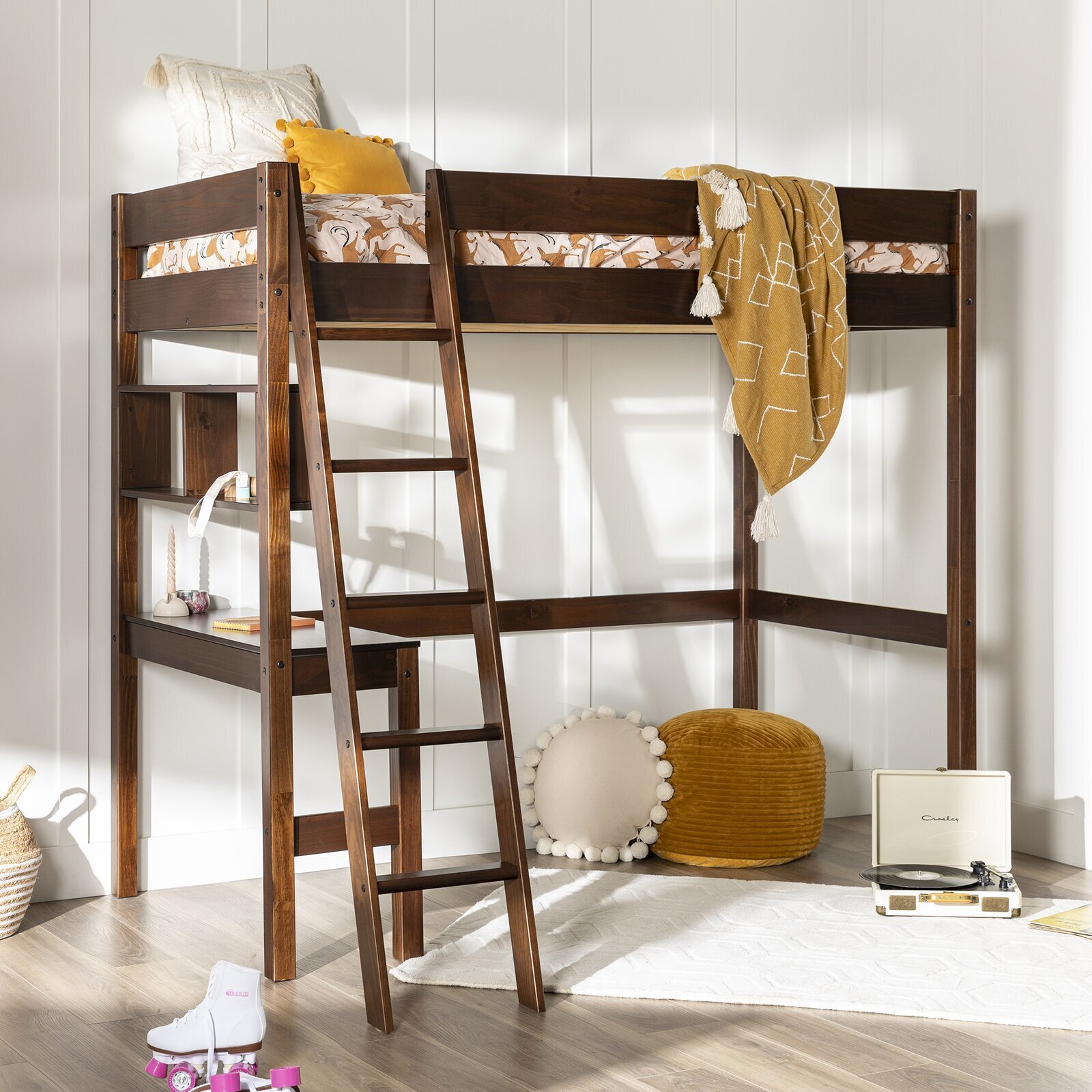 Wood Bunk Bed with Floating Shelf