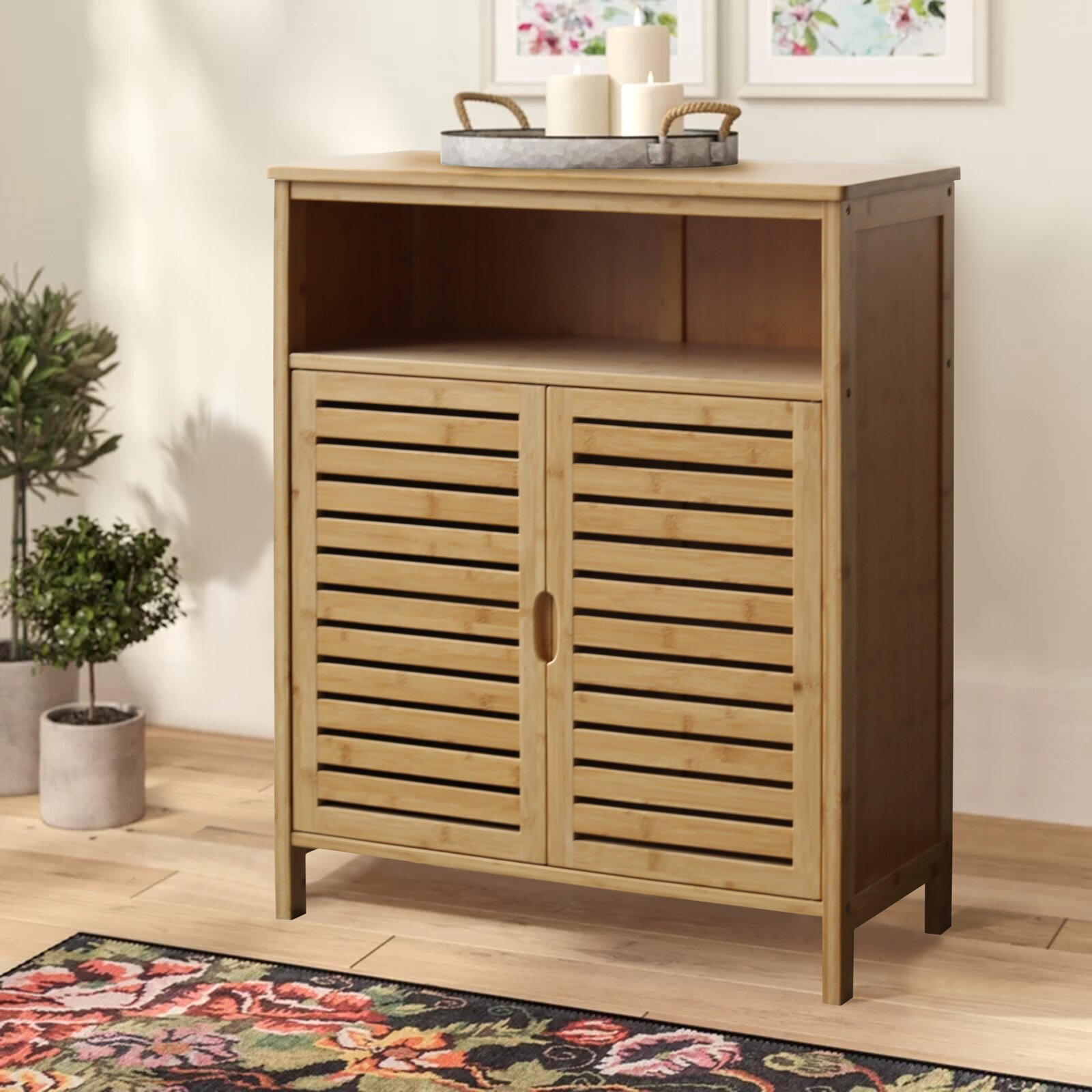 Wood linen cabinet with useable counter space