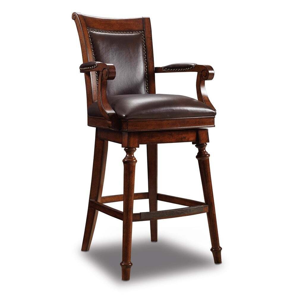 Wood Swivel Bar Stool with Upholstered Armrests and Beaded Seat