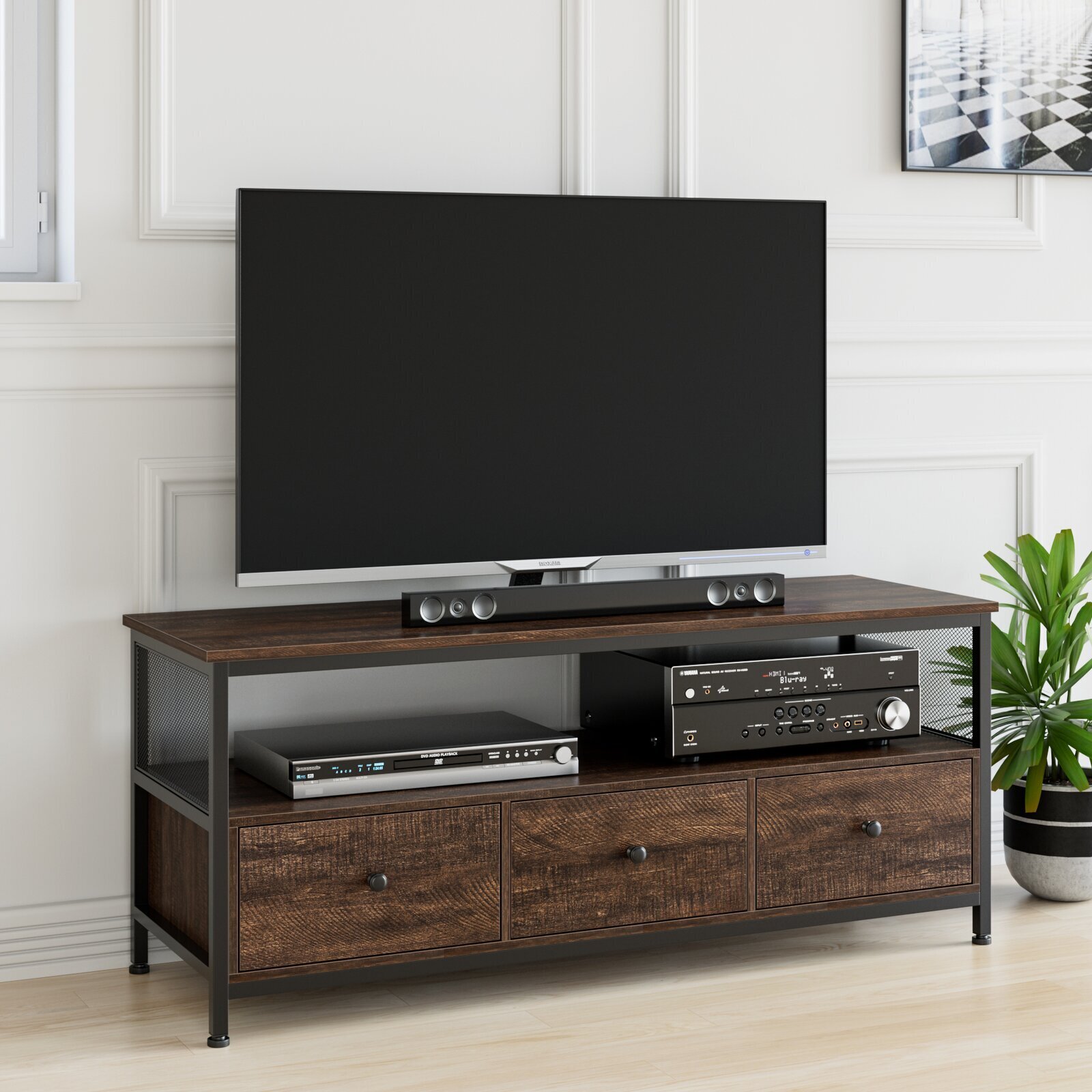 Wood TV Stand With Three Draws And Modern Central Cut Out