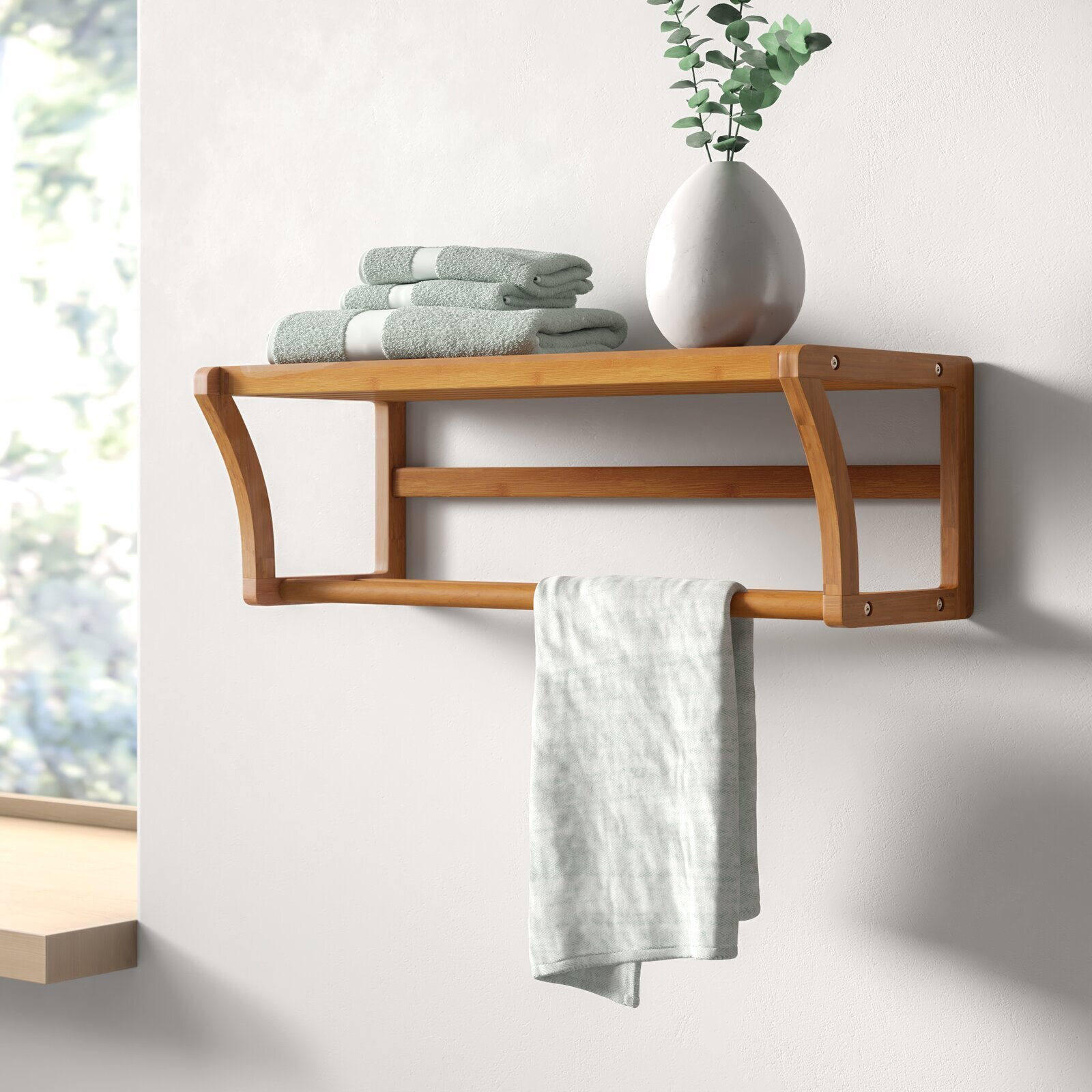 White Towel Rack With Hooks Bathroom With Shelf Wood Towel 