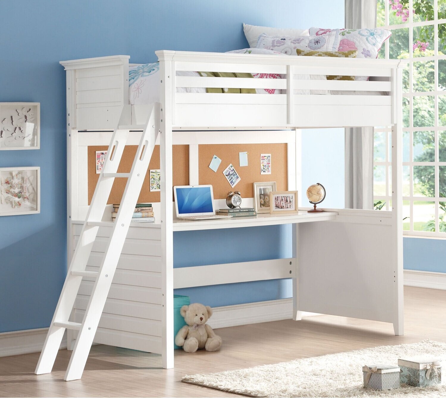 Wooden Bunk Bed with Desk and Corkboard