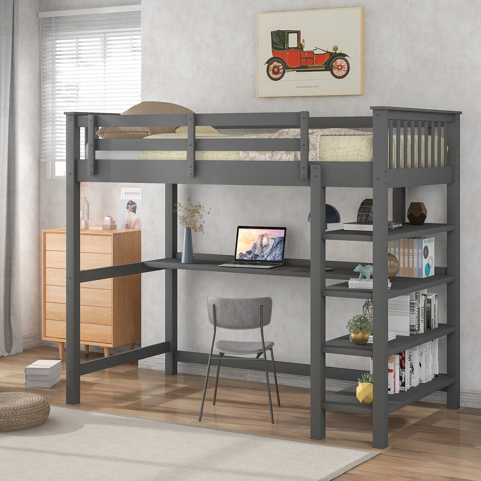Wooden Bunk Bed with Open Bookcase