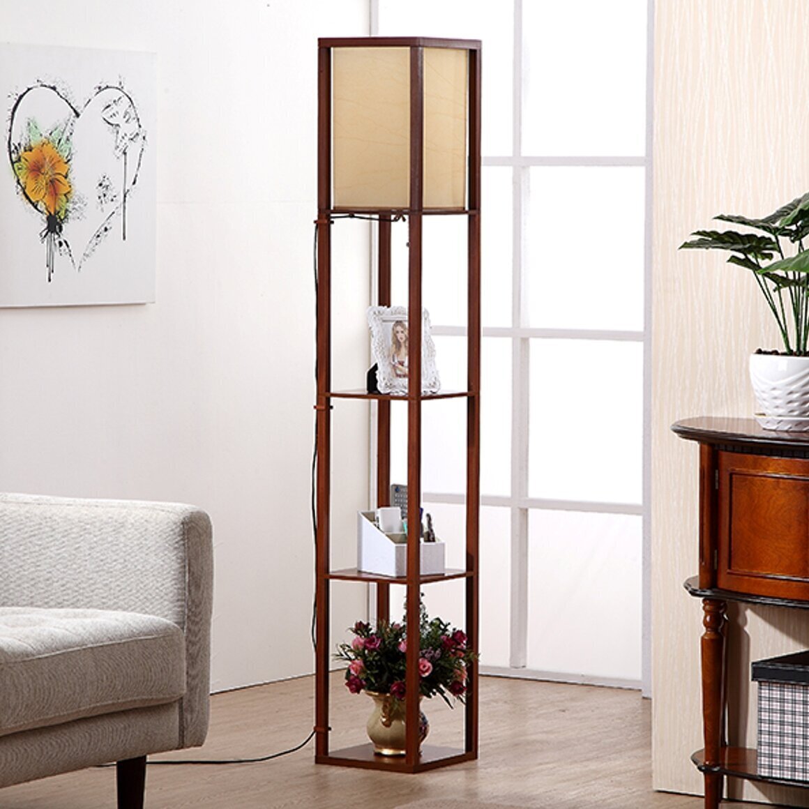 Wooden Floor Lamp with Shelves