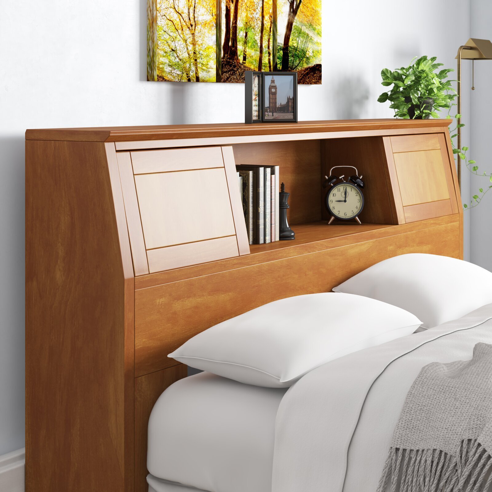 Wooden hidden storage headboard with traditional flair