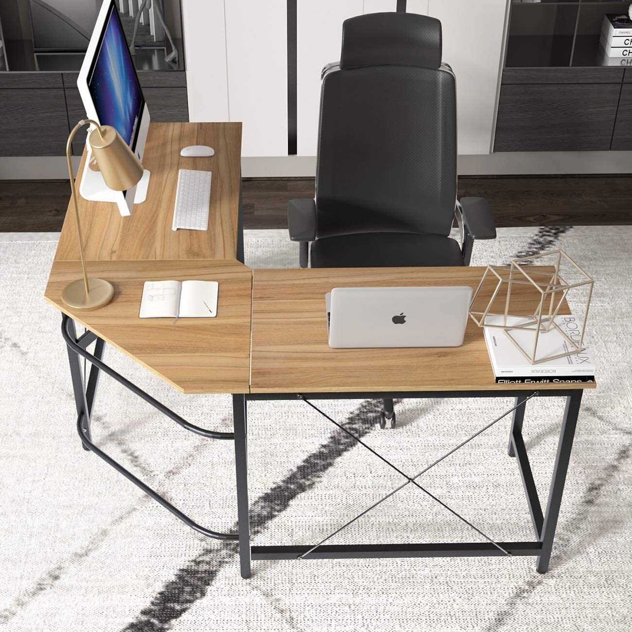 Wooden L Shaped Desk with Stand