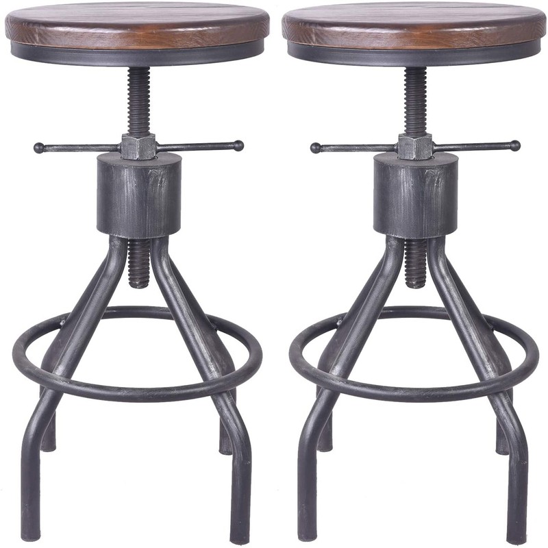 17 Stories Set Of 2 Industrial Bar Stool-vintage Adjustable Round Wood Metal Swivel Bar Stool-cast Iron-23-30 Inch Tall Counter Bar Height Farmhouse Kitchen Stools