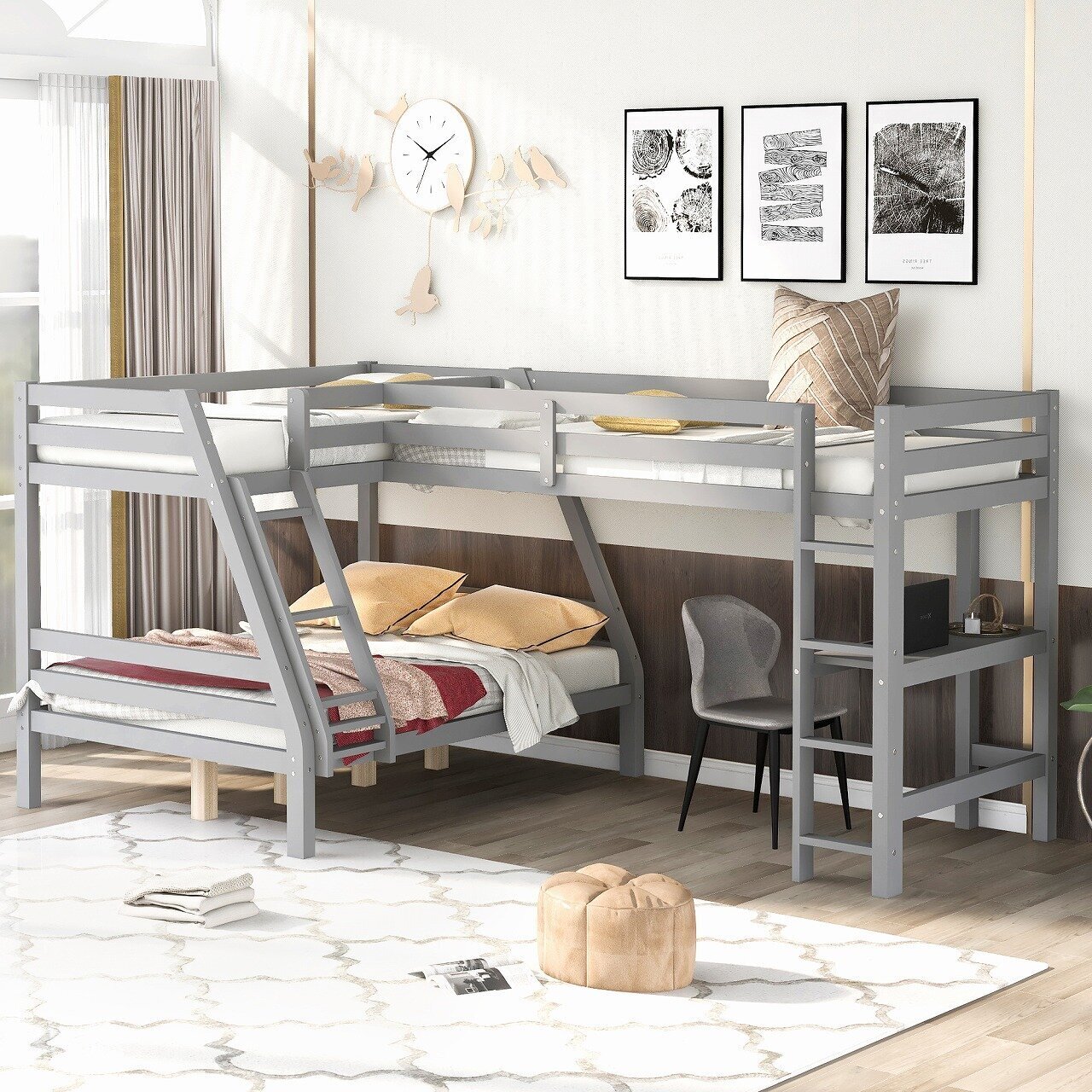 3 Bed L Shaped Bunk Beds with Desk Underneath 