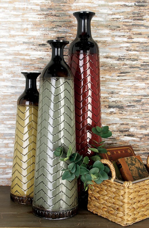 3 Piece Waltham Red/Cream/Gray Metal Floor Vase Set