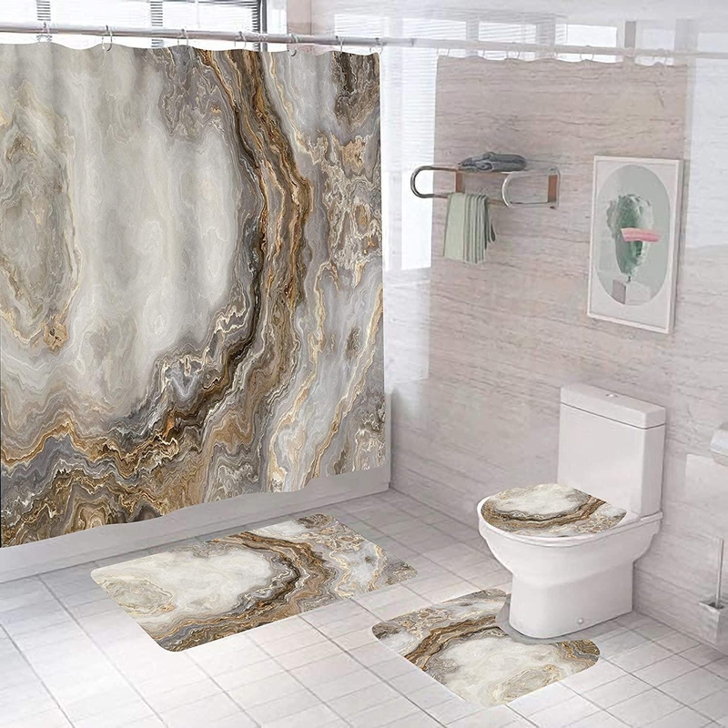 4 Piece Marble Shower Curtain Set With Carpet, Toilet Seat Cover Bath Mat, Ink Geometric Shower Curtain With 12 Hooks