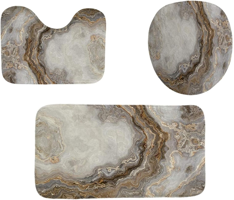 4 Piece Marble Shower Curtain Set With Carpet, Toilet Seat Cover Bath Mat, Ink Geometric Shower Curtain With 12 Hooks