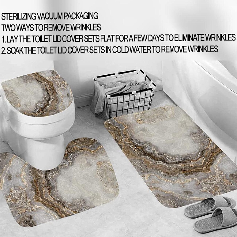 4 Piece Marble Shower Curtain Set With Carpet, Toilet Seat Cover Bath Mat, Ink Geometric Shower Curtain With 12 Hooks