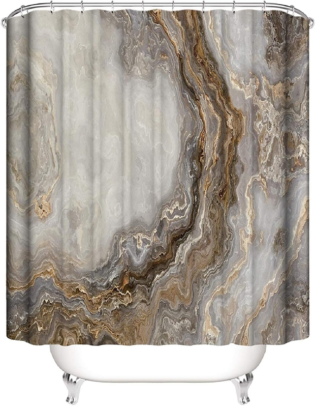 4 Piece Marble Shower Curtain Set With Carpet, Toilet Seat Cover Bath Mat, Ink Geometric Shower Curtain With 12 Hooks