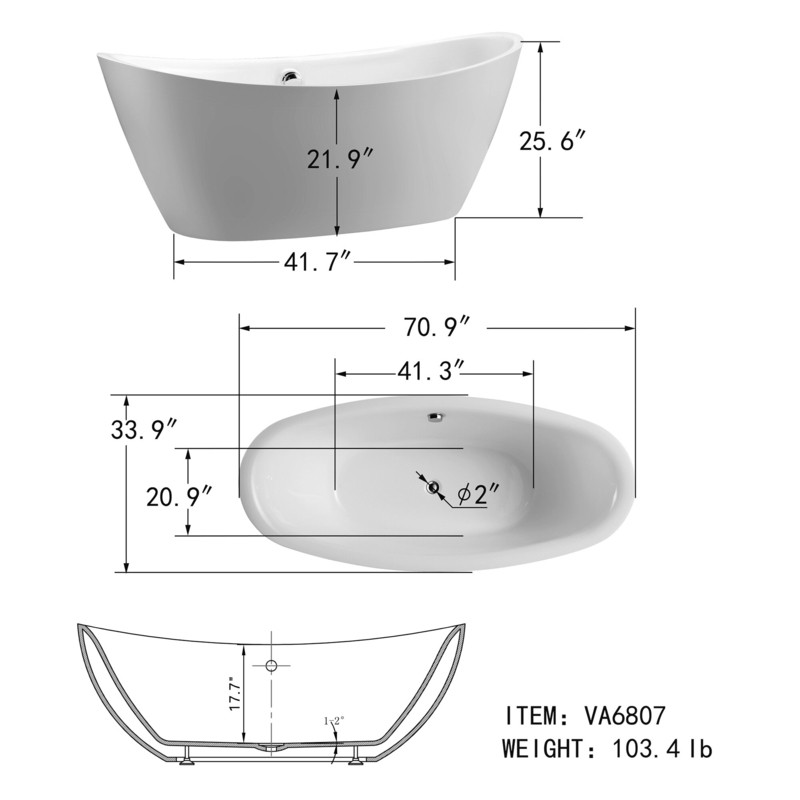 71" x 34" Freestanding Soaking Acrylic Bathtub