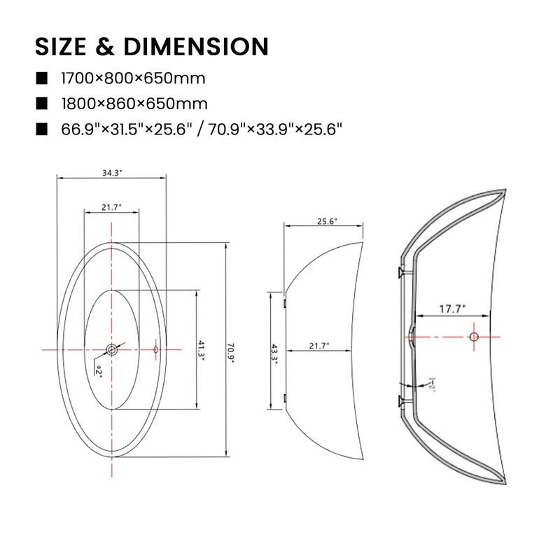 71" x 34" Freestanding Soaking Acrylic Bathtub