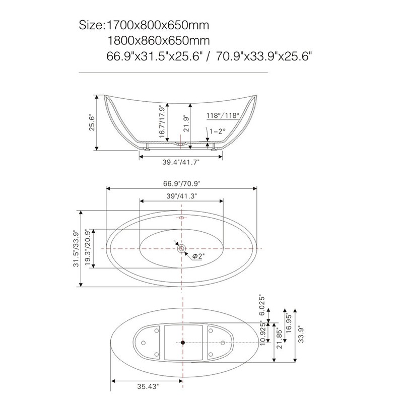 71" x 34" Freestanding Soaking Acrylic Bathtub