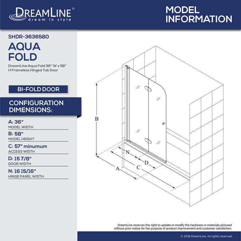 Aqua Fold 36" W x 58" H Folding Semi-Frameless Tub Door