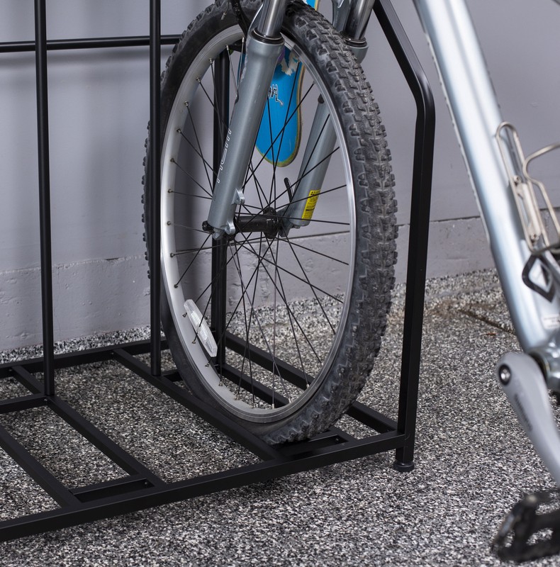 Arlmont & Co. 4 Bike Stand Rack With Storage – Metal Floor Bicycle Nook – Great For Parking Road, Mountain, Hybrid Or Kids Bikes – Garage Organizer - Helmet - Sports Storage Station - Black