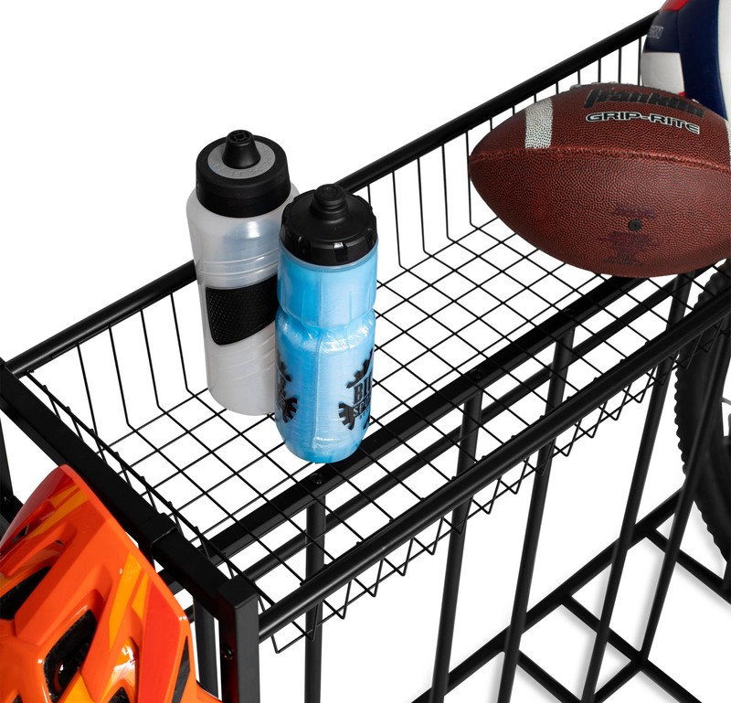 Arlmont & Co. 4 Bike Stand Rack With Storage – Metal Floor Bicycle Nook – Great For Parking Road, Mountain, Hybrid Or Kids Bikes – Garage Organizer - Helmet - Sports Storage Station - Black