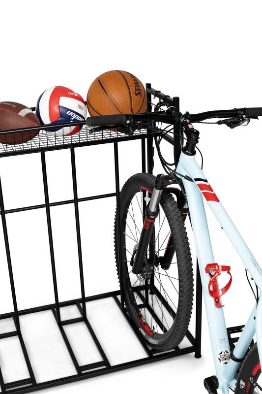 Arlmont & Co. 4 Bike Stand Rack With Storage – Metal Floor Bicycle Nook – Great For Parking Road, Mountain, Hybrid Or Kids Bikes – Garage Organizer - Helmet - Sports Storage Station - Black