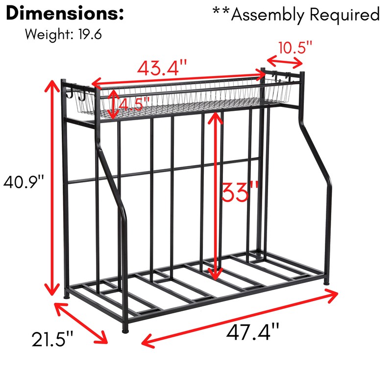Arlmont & Co. 4 Bike Stand Rack With Storage – Metal Floor Bicycle Nook – Great For Parking Road, Mountain, Hybrid Or Kids Bikes – Garage Organizer - Helmet - Sports Storage Station - Black