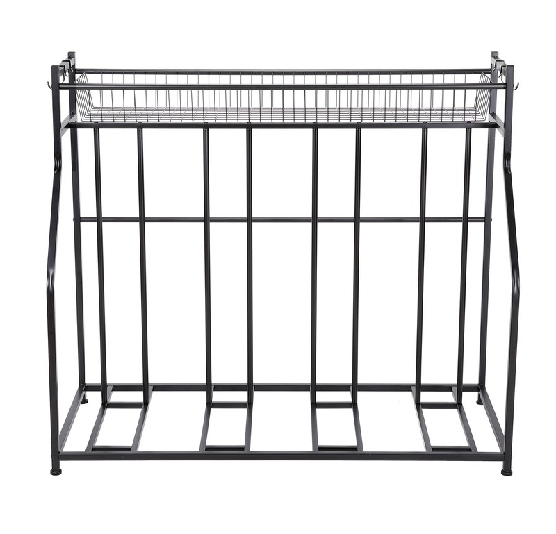 Arlmont & Co. 4 Bike Stand Rack With Storage – Metal Floor Bicycle Nook – Great For Parking Road, Mountain, Hybrid Or Kids Bikes – Garage Organizer - Helmet - Sports Storage Station - Black