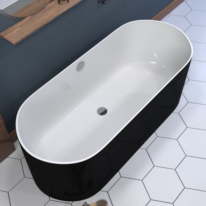 Black And White 71 Inch Engineered Stone Free Standing Double Ended Soaking Tub