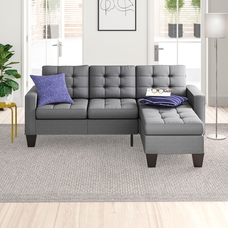 Clem 81" Wide Linen Reversible Sofa & Chaise with Ottoman
