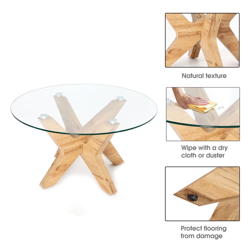 Corrigan Studio® Round Glass Coffee Tables For Living Room, 31.5 In Accent Coffee Side Tea Table With Natural Wood Frame And Tempered Glass Top Center Table For Home Office Café