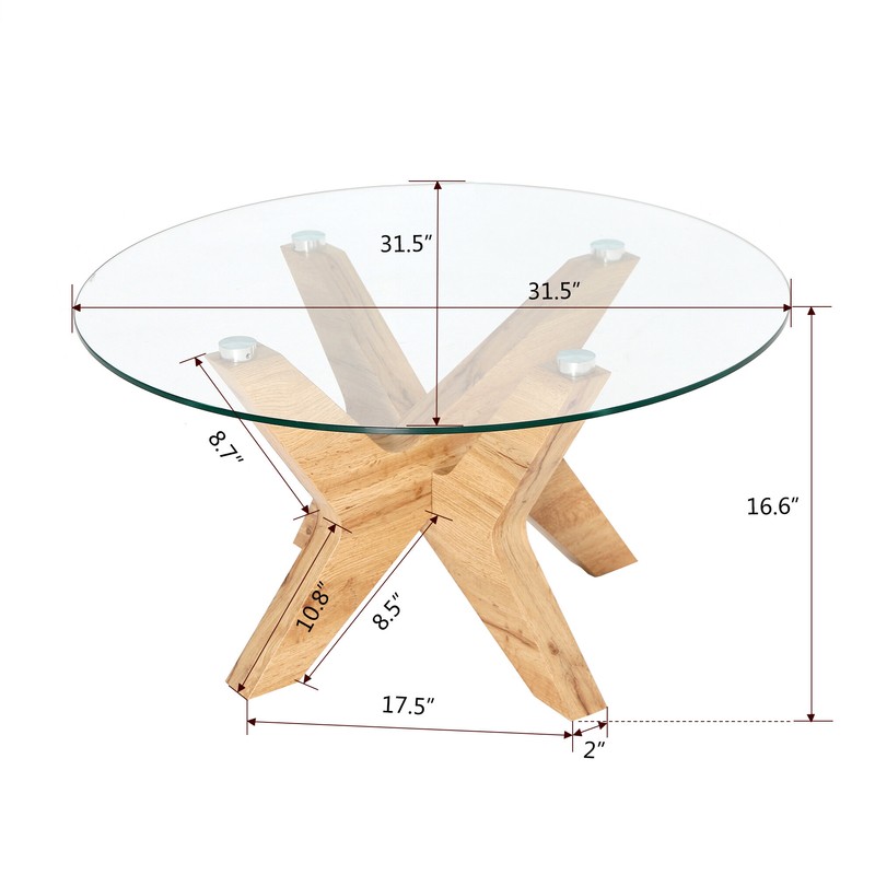 Corrigan Studio® Round Glass Coffee Tables For Living Room, 31.5 In Accent Coffee Side Tea Table With Natural Wood Frame And Tempered Glass Top Center Table For Home Office Café
