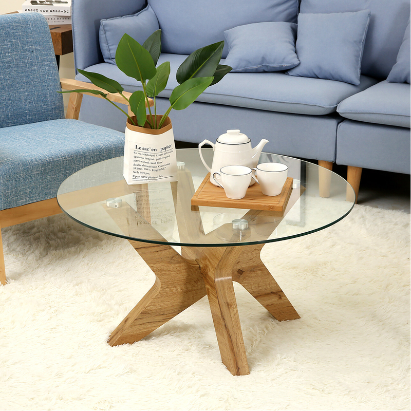Coffee Table Solid Oak Clear Glass Round Top Tripod Legs Natural Finish 70cm 