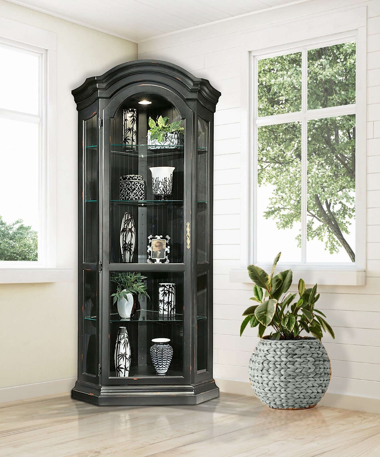 Curved Detail Black China Cabinet with Glass Door