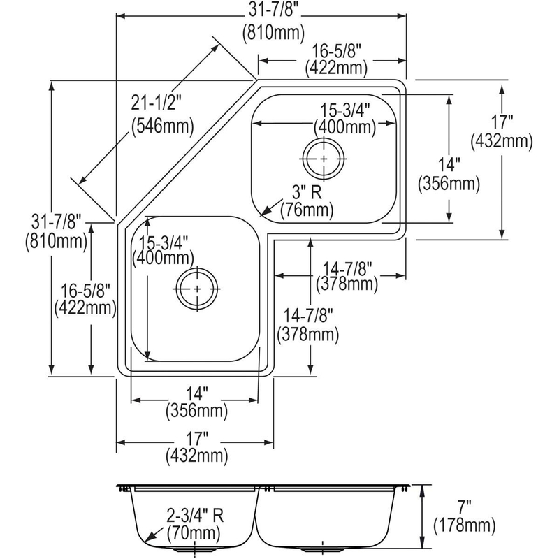 Dayton 32" L x 32" W Double Basin Drop-In Kitchen Sink
