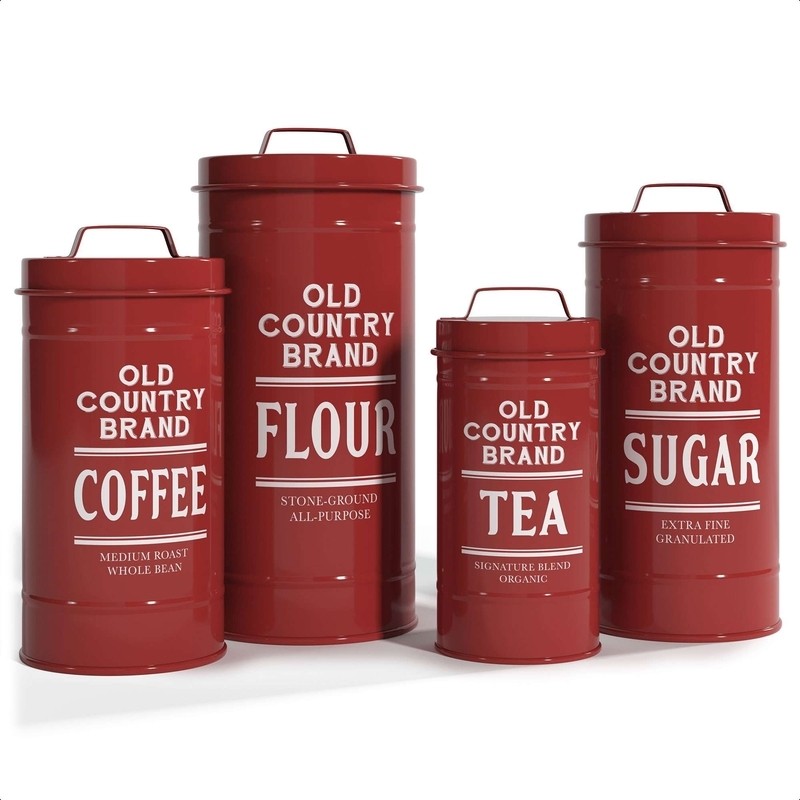 Decorative Nesting Kitchen Canister Jars With Lids, Black Metal Rustic Vintage Farmhouse Container Decor For Flour Sugar Coffee Tea Storage, Set Of 4, Largest Is 5.5” X 11.25”