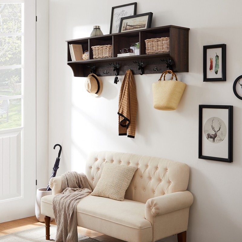 Donny 60'' Wide 7 - Hook Wall Mounted Coat Rack with Storage in Dark Brown