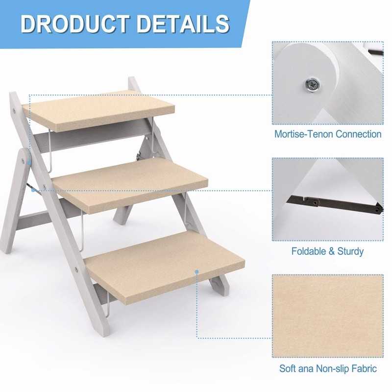 Foldable Dog Stairs, Non-Slip Wooden Dog Ramp, Portable 3 Step Pet Steps For Couch, High Beds And Cars, Suitable For Small To Large Dogs And Cats, Up To 150Lb