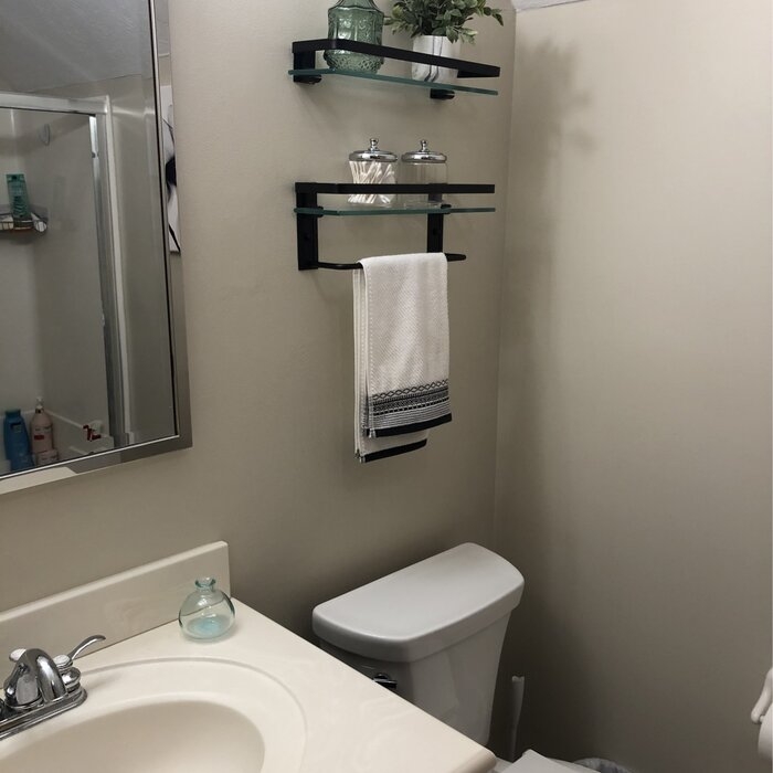 Glass Bathroom Shelf With Towel Bar-Rustproof Metal Wall Mounted Storage Shelves 2-Tier For Kitchen Bathroom
