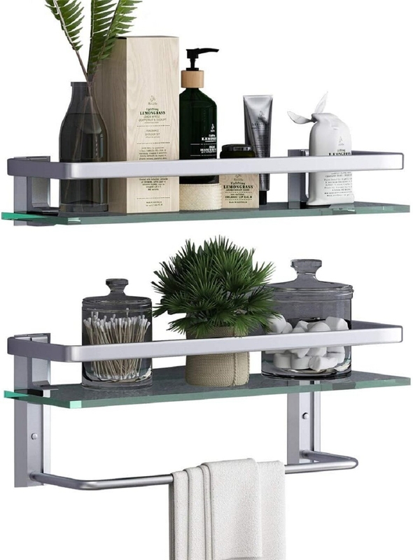Glass Bathroom Shelf With Towel Bar-Rustproof Metal Wall Mounted Storage Shelves 2-Tier For Kitchen Bathroom