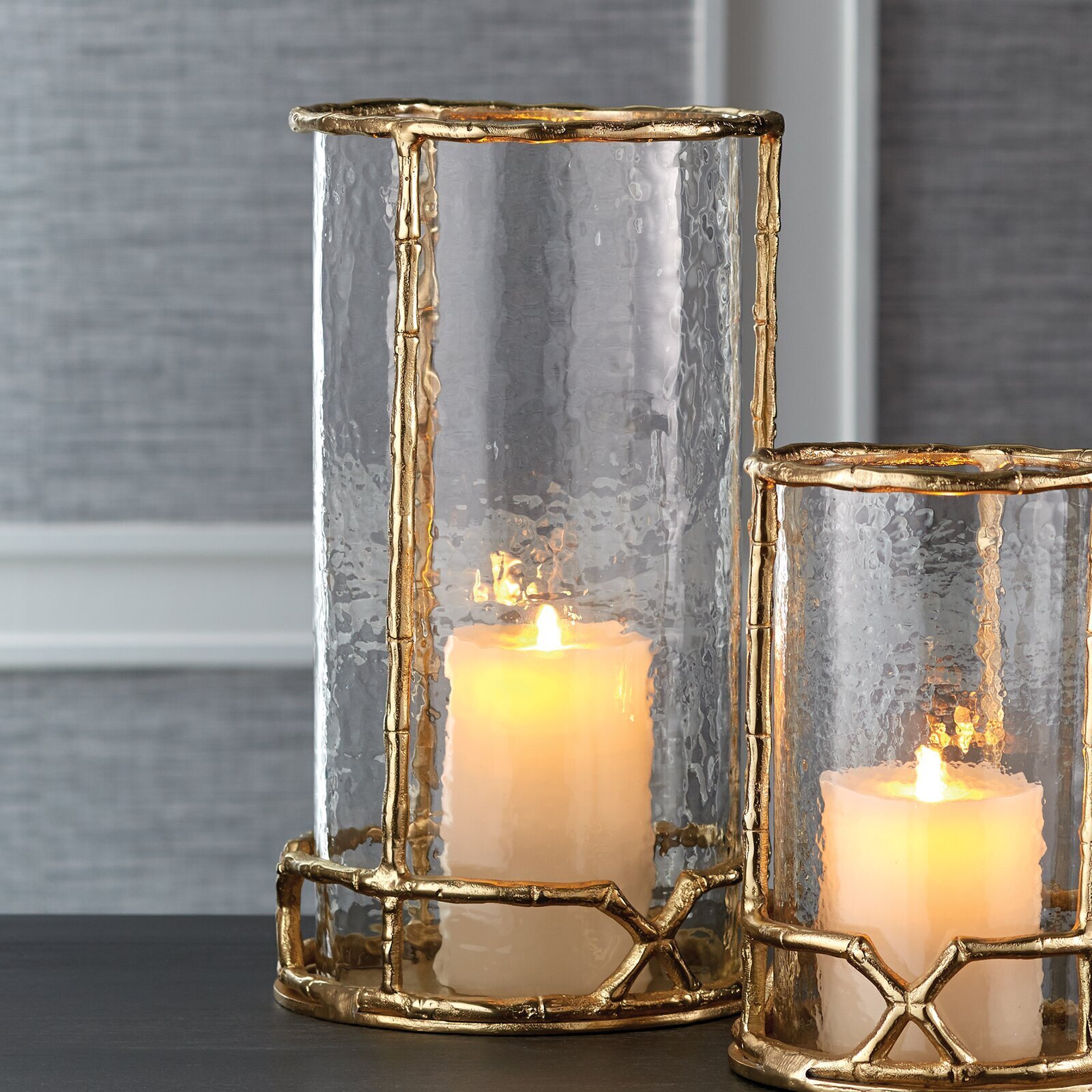 Gold Accented Hurricane Glass Holders With Textured Glass 
