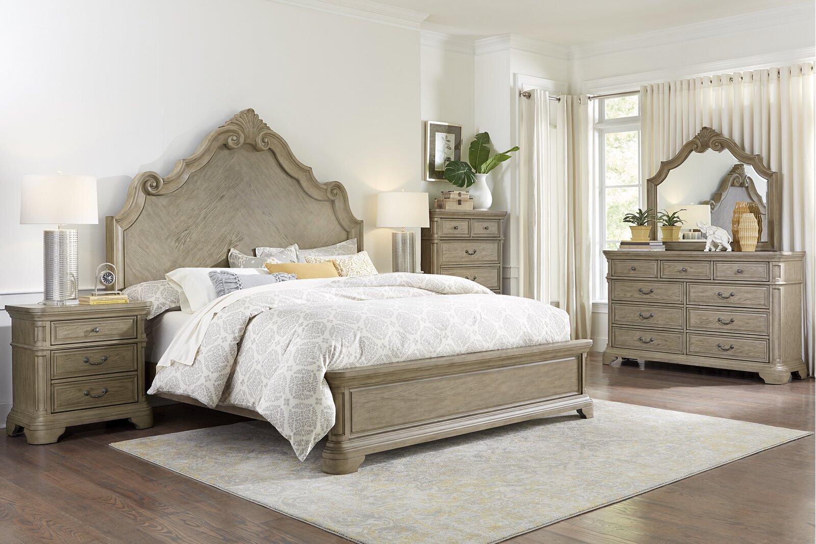 Grand French country bedroom set in a rustic hue