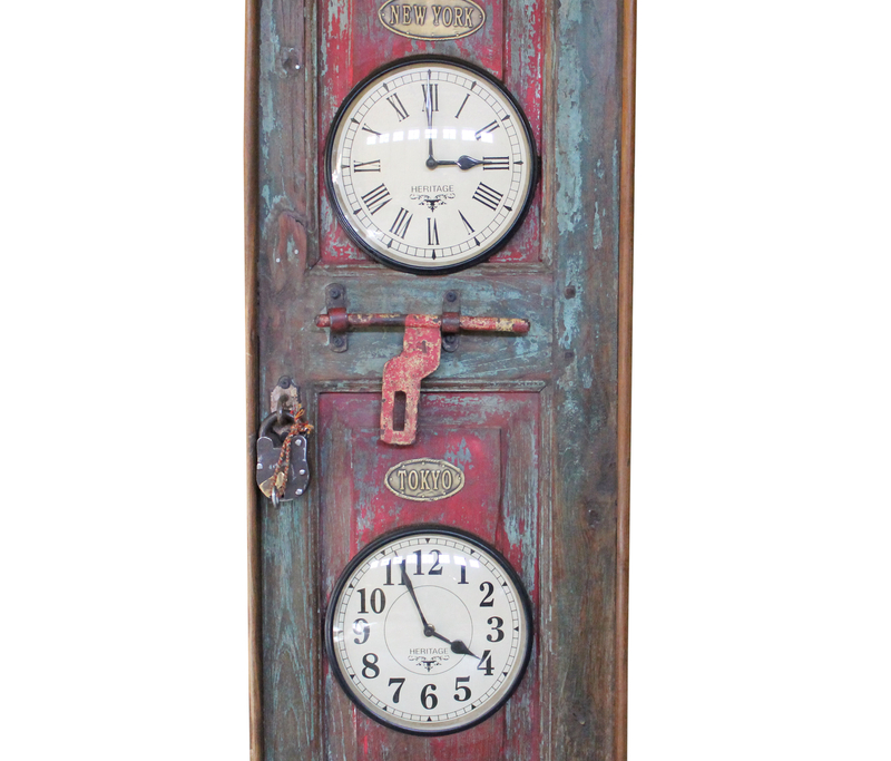 Guilford Wooden World Time Wall Clock Made From Recycled Door, Wooden World Time Wall Clock Made From Recycled Door, Vertical
