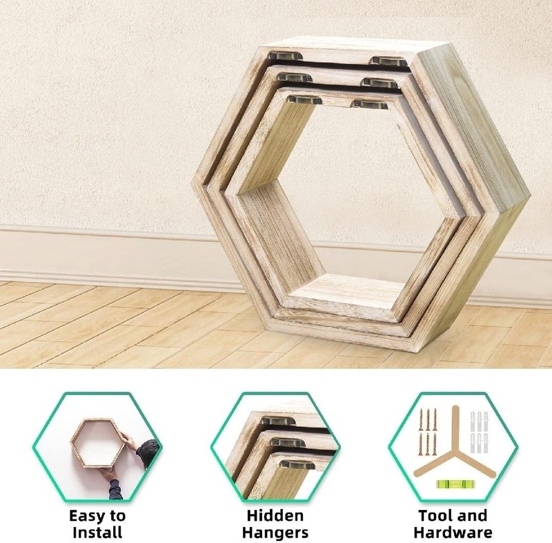 Hexagon Floating Wall Shelves - Wall Mounted Honeycomb Shelves - Rustic Wood Floating Shelves Wall Decor For Bedroom, Kitchen, Farmhouse, Living Room, Office