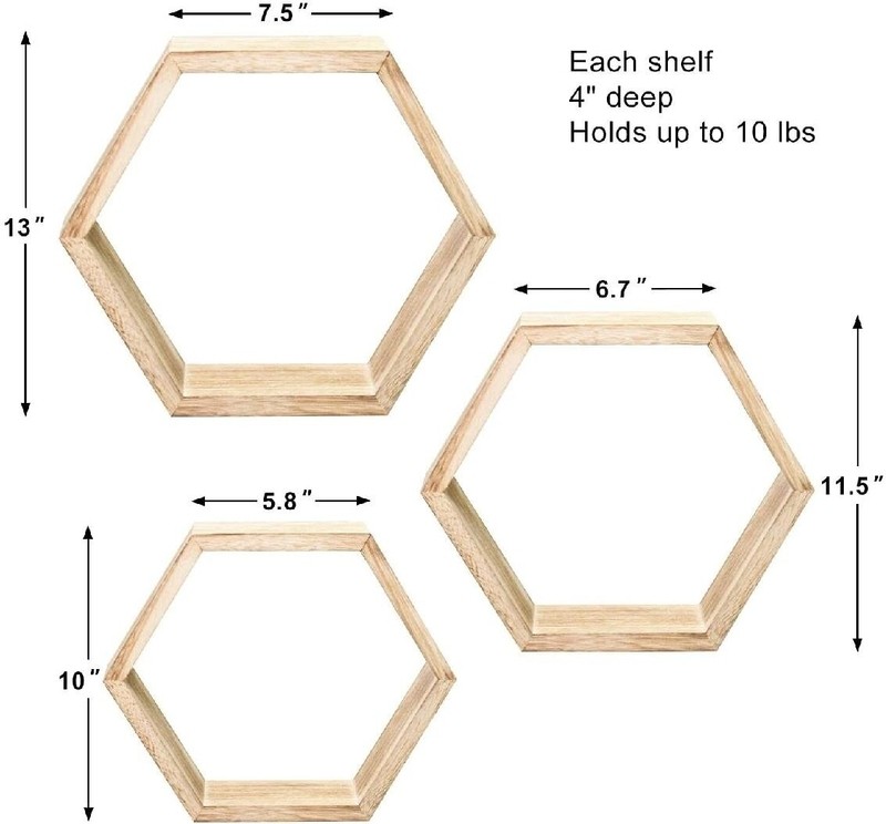 Hexagon Floating Wall Shelves - Wall Mounted Honeycomb Shelves - Rustic Wood Floating Shelves Wall Decor For Bedroom, Kitchen, Farmhouse, Living Room, Office