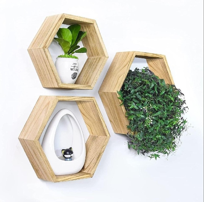 Hexagon Floating Wall Shelves - Wall Mounted Honeycomb Shelves - Rustic Wood Floating Shelves Wall Decor For Bedroom, Kitchen, Farmhouse, Living Room, Office