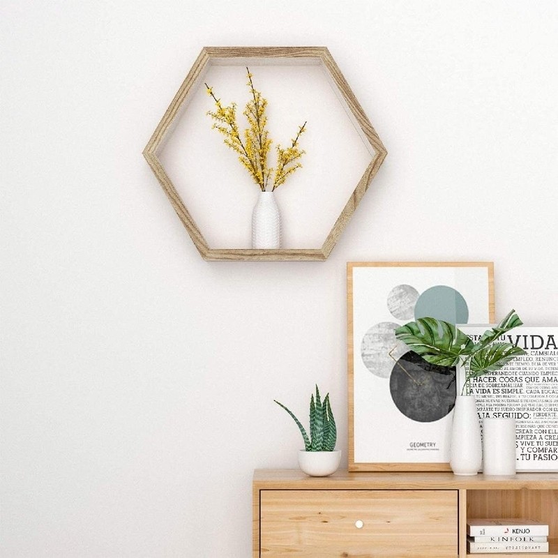 Hexagon Floating Wall Shelves - Wall Mounted Honeycomb Shelves - Rustic Wood Floating Shelves Wall Decor For Bedroom, Kitchen, Farmhouse, Living Room, Office