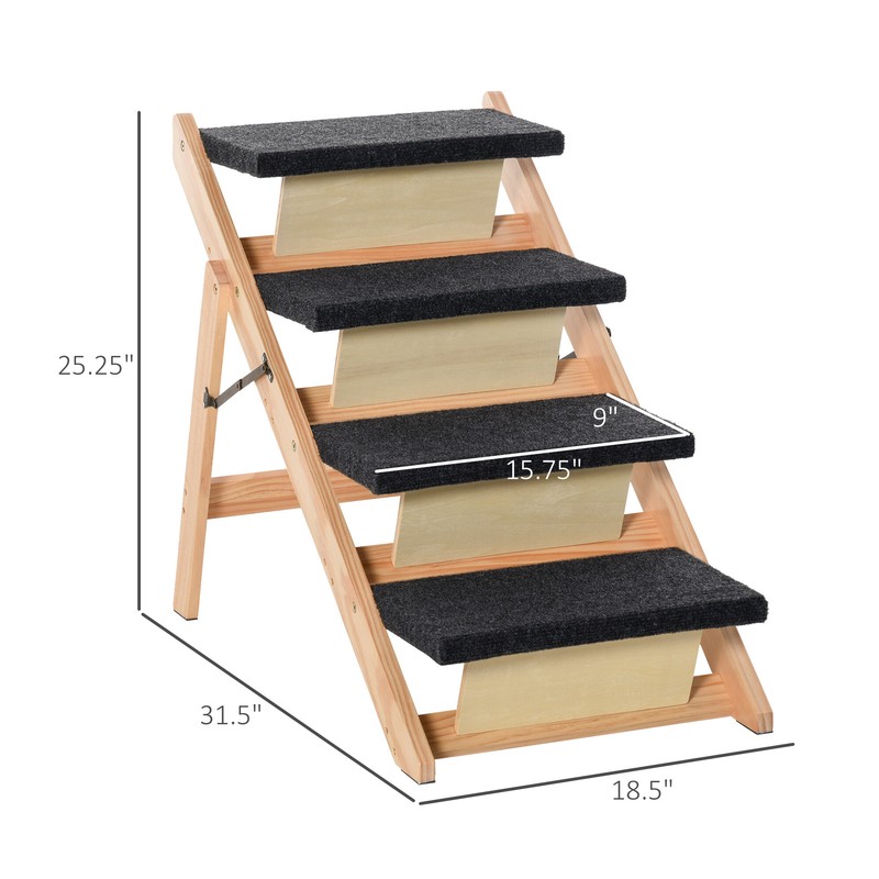 Izora 4 Step Wood Pet Stairs 2 In 1 Convertible Dog Steps and Carpeted Ramp Portable Foldable 4 Level Cat Ladder For High Bed Couch Car