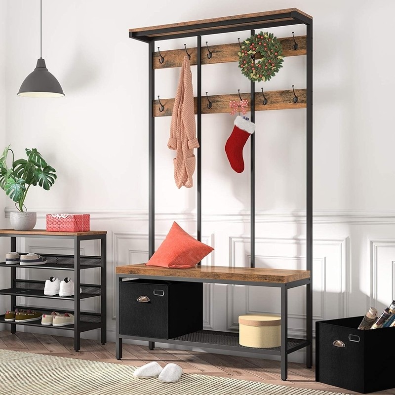 Keatan 39.4'' Wide Iron Hall Tree with Bench and Shoe Storage